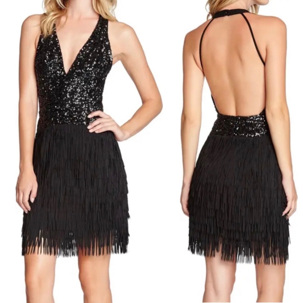 Dress The Population Stella Black Sequin Fringe Mini Dress Size S Metalic